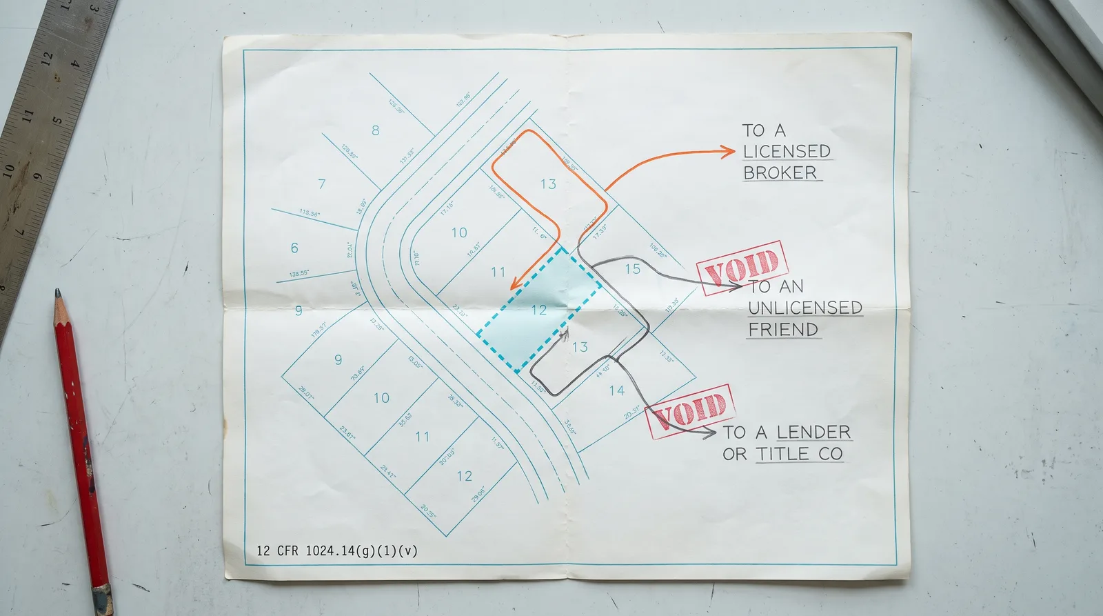 An overhead parcel plat map on a drafting surface, with three hand-drawn referral routes leaving one highlighted lot: an orange route to a licensed broker left unstamped, and two grey routes to an unlicensed friend and to a lender or title company, each overprinted with a red VOID stamp