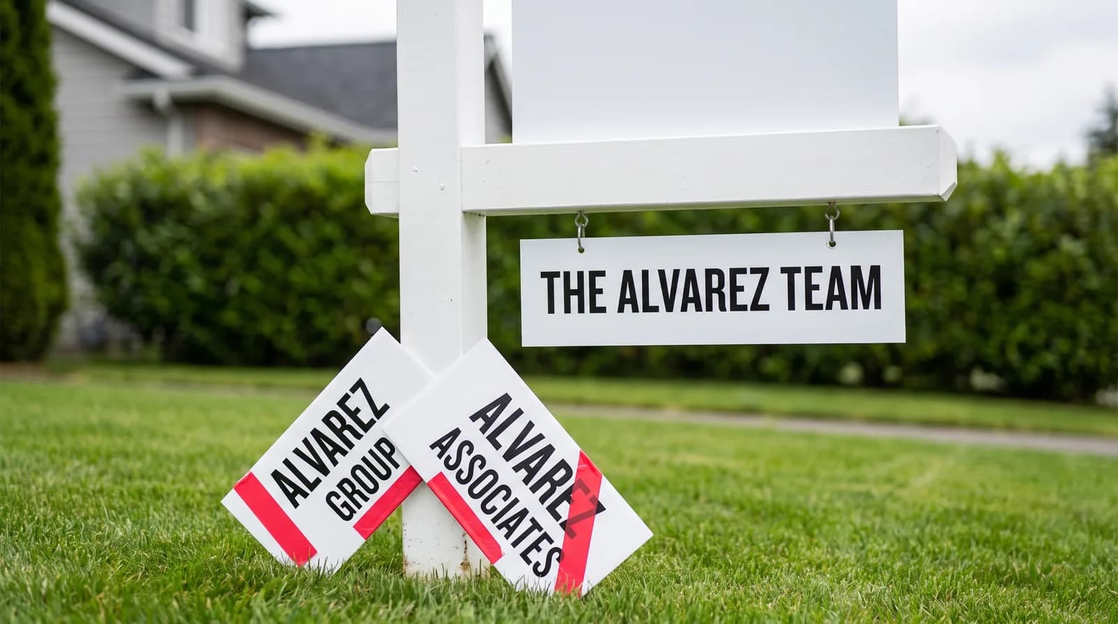 A real estate yard sign on a lawn with a rider hanging beneath it reading The Alvarez Team, and two discarded riders marked with red tape leaning against the post, reading Alvarez Group and Alvarez Associates