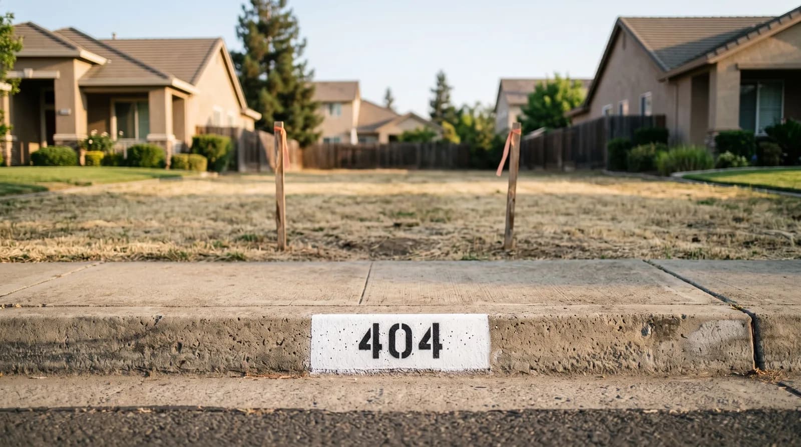 A white painted curb address reading 404 in front of an empty lot of dry grass with two orange-flagged survey stakes, between two finished stucco houses