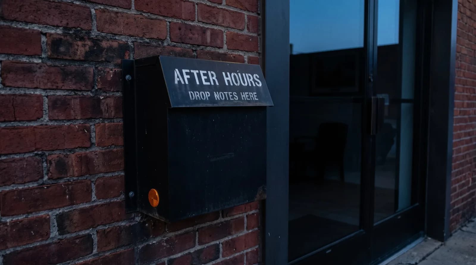 A black after-hours drop box on a red brick wall beside a dark brokerage door at dusk, stencilled AFTER HOURS, DROP NOTES HERE, with an orange reflector