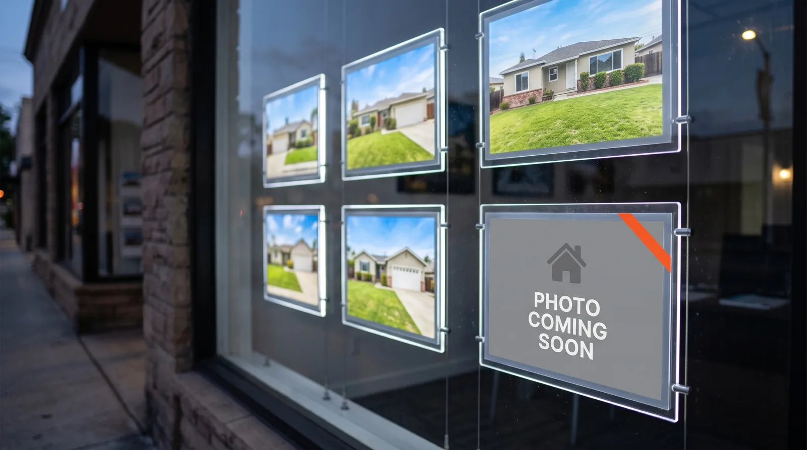 A brokerage's street window at dusk with six backlit acrylic listing display pockets, five showing photos of single-storey homes under blue skies and the sixth holding a grey card with a house icon reading PHOTO COMING SOON, an orange strip across its corner