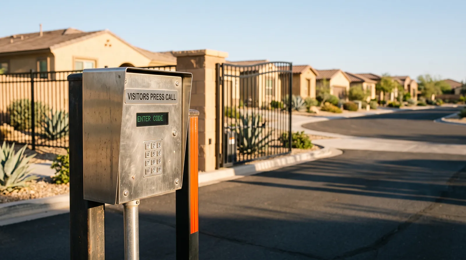 A stainless steel visitor call box at the entrance of a gated residential community, its plate reading VISITORS PRESS CALL and its screen reading ENTER CODE, with an iron gate and a street of stucco homes behind