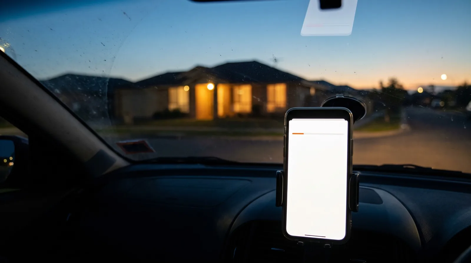 A phone in a car dashboard mount showing a blank white screen with a barely started orange loading bar, parked across the street from a single-storey house with lit windows at dusk