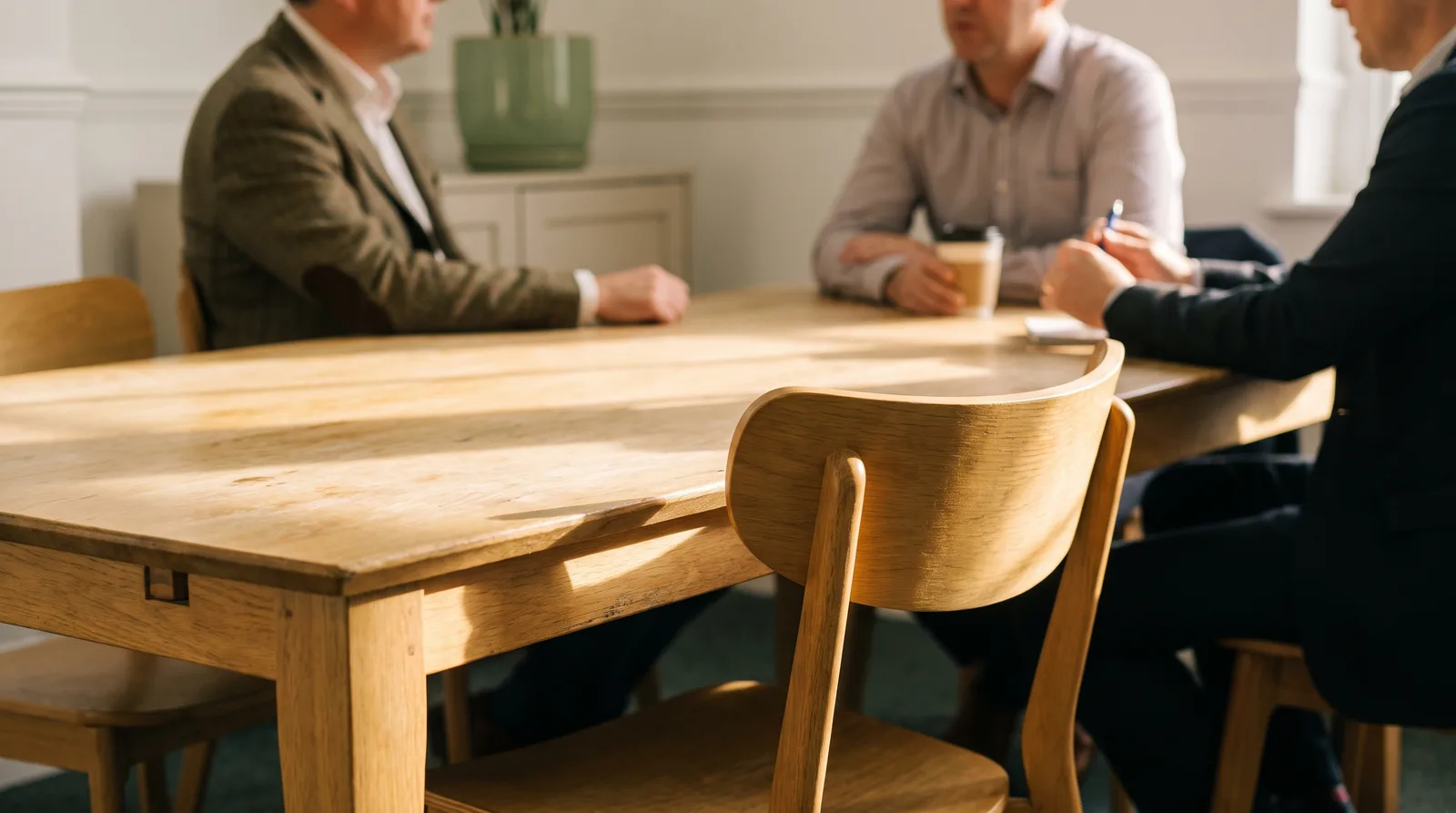 Three people talking around an oak meeting table in afternoon light, with one empty chair pulled out in the foreground
