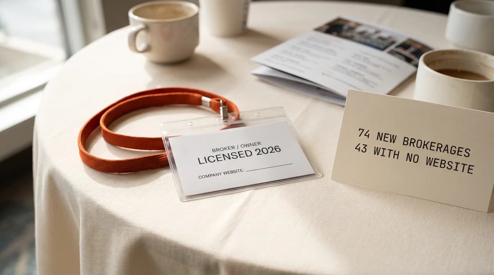 A conference name badge on a lanyard at a Sacramento REALTOR association mixer, reading Broker / Owner, licensed 2026, with the line Company website left blank, and a printed count beside it reading 74 new brokerages, 43 with no website