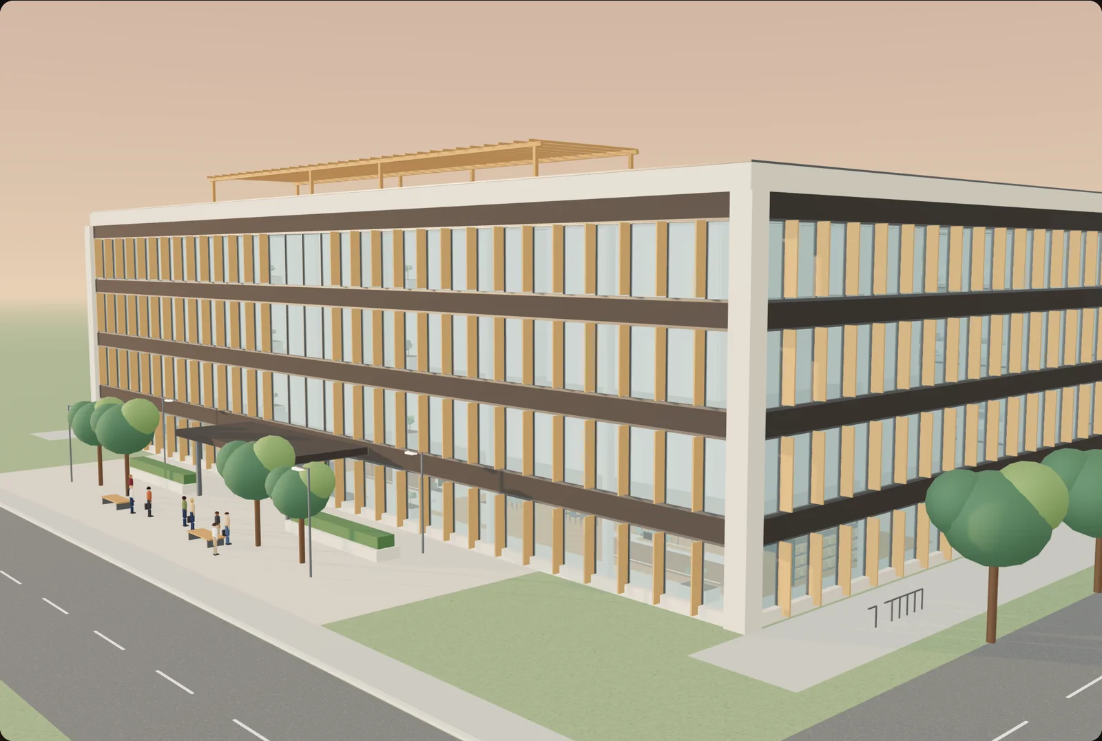 Rendered four-story office building at sunset, with a glass curtain wall, timber sun fins, an entrance canopy, and a tree-lined plaza.