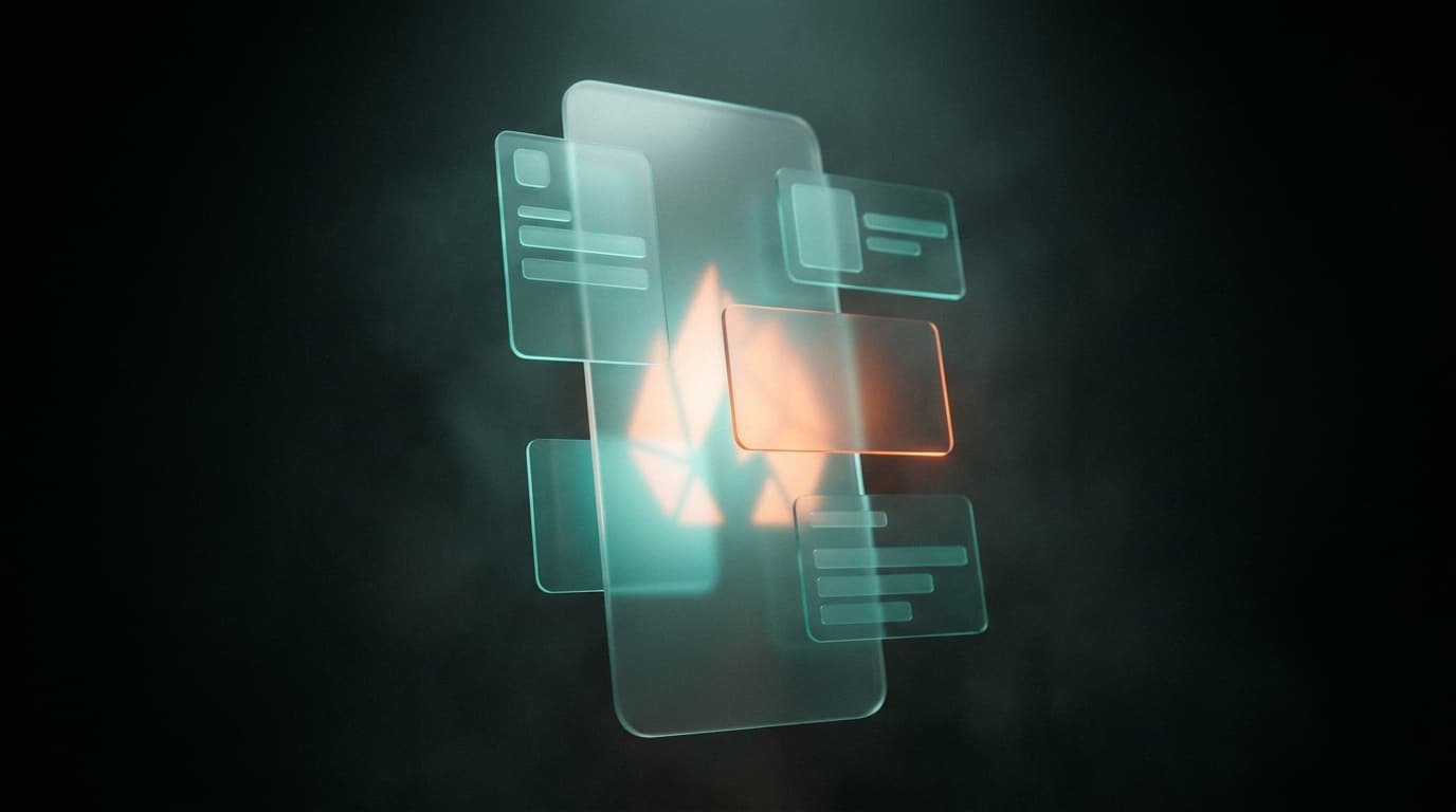 A custom app surface with UI panels drifting out of it, lit by the flame mark