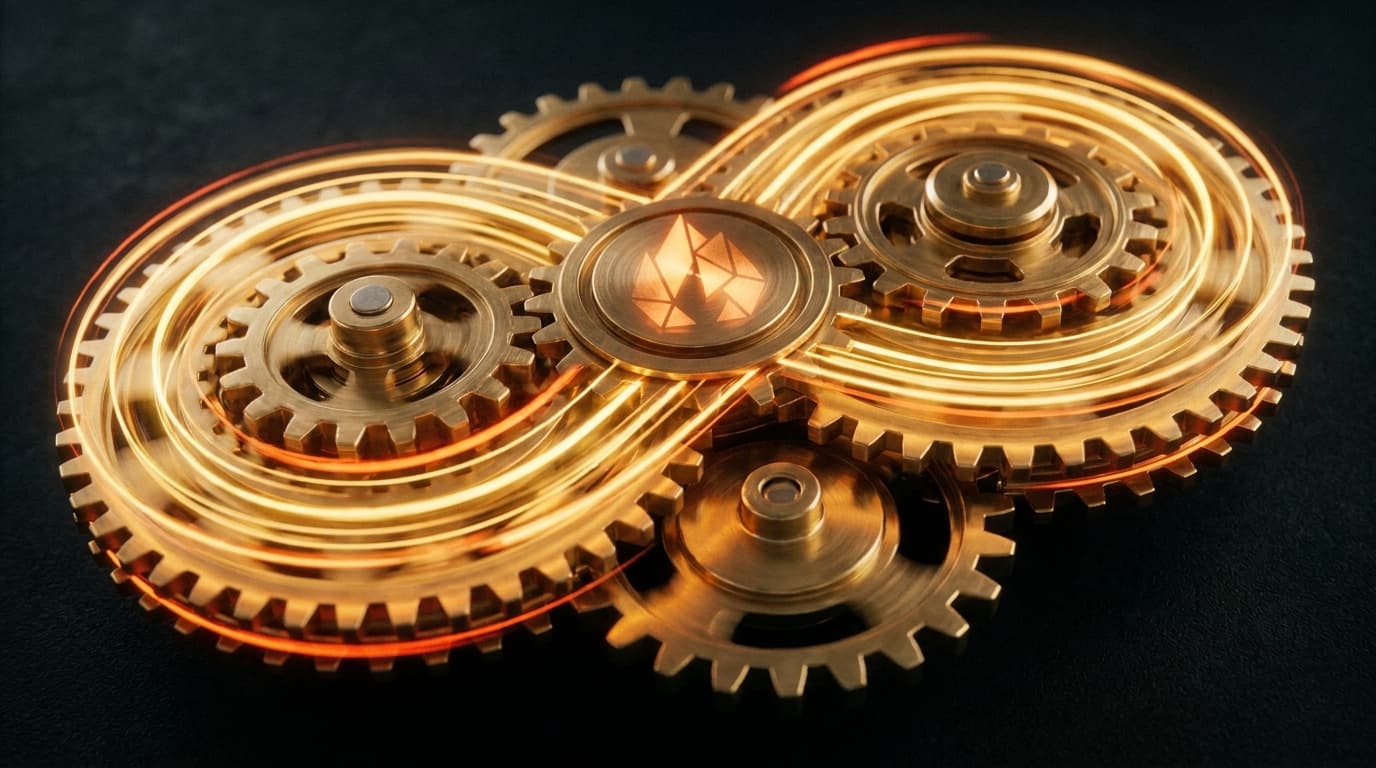Brass and gold gears forming a self-running loop with the flame mark glowing at the hub