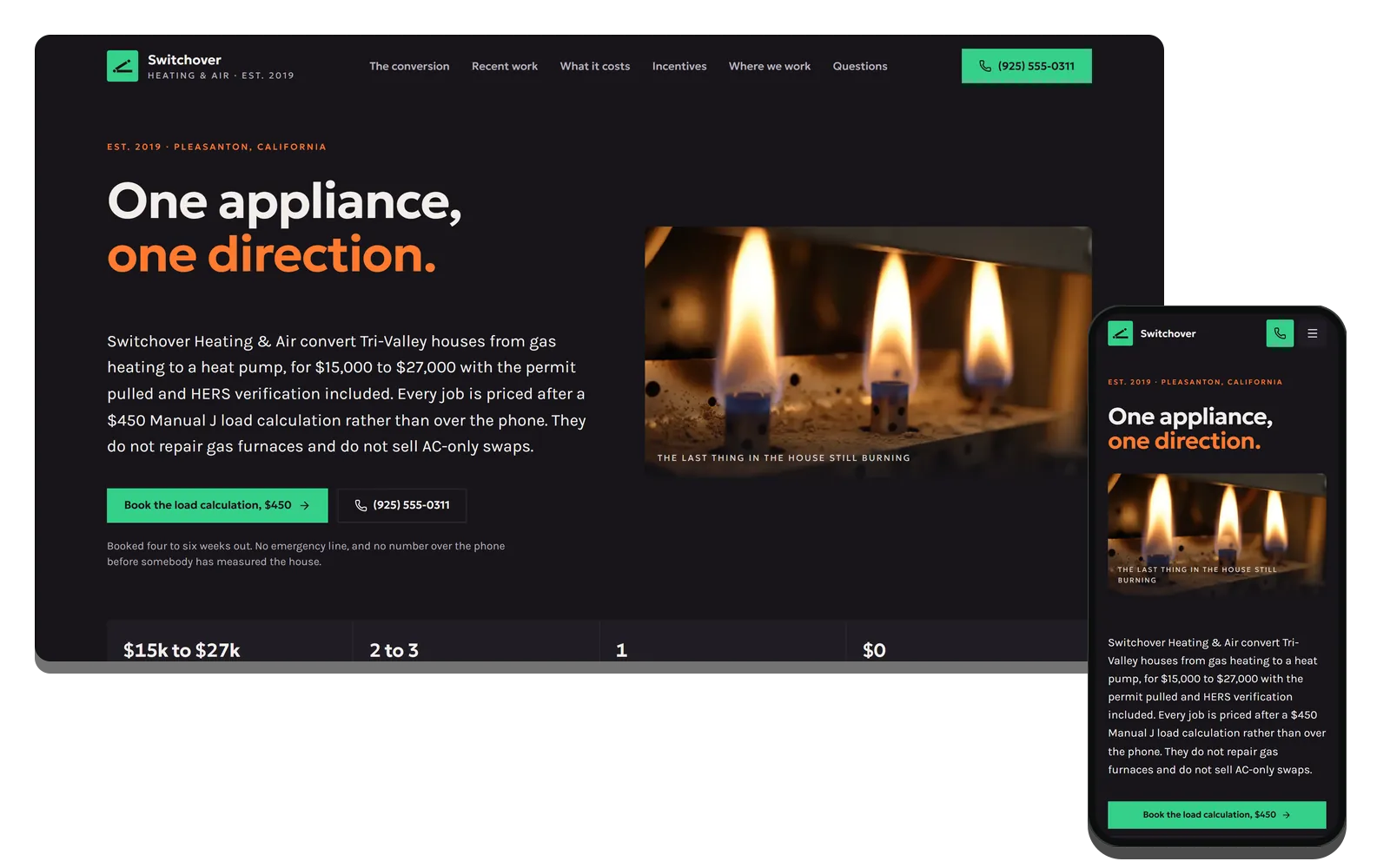Concept site for Switchover Heating & Air on a desktop and a phone, headed One appliance, one direction, beside a photo of gas burner flames.