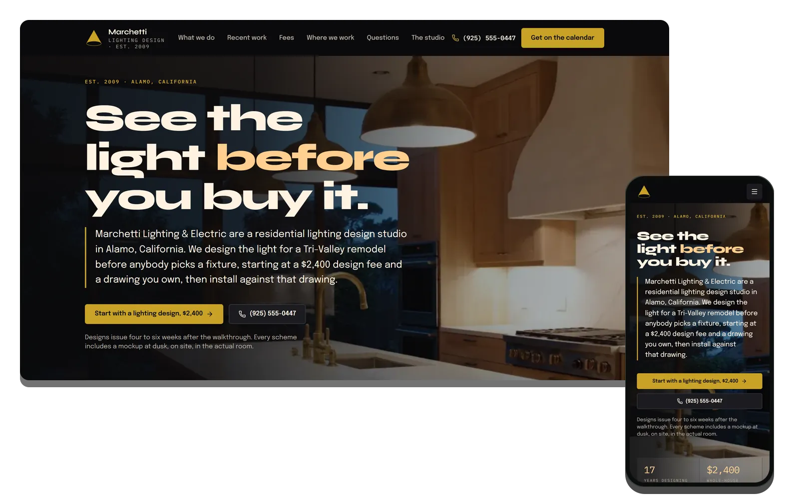 Concept site for Marchetti Lighting & Electric on a desktop and a phone, headed See the light before you buy it, over a kitchen lit by brass pendants.