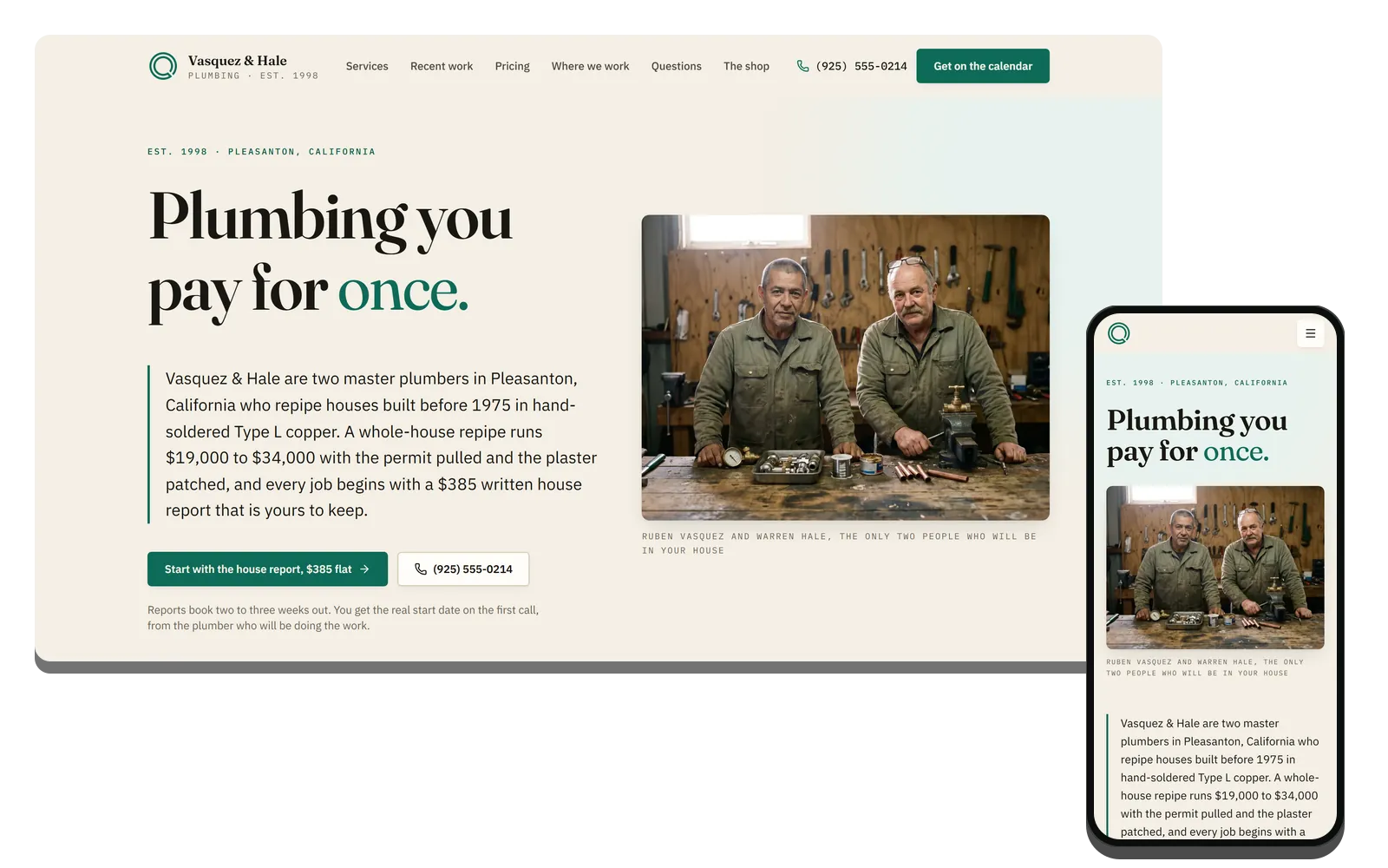 Concept site for Vasquez & Hale Plumbing on a desktop and a phone, headed Plumbing you pay for once, with the repipe price range in the first paragraph.