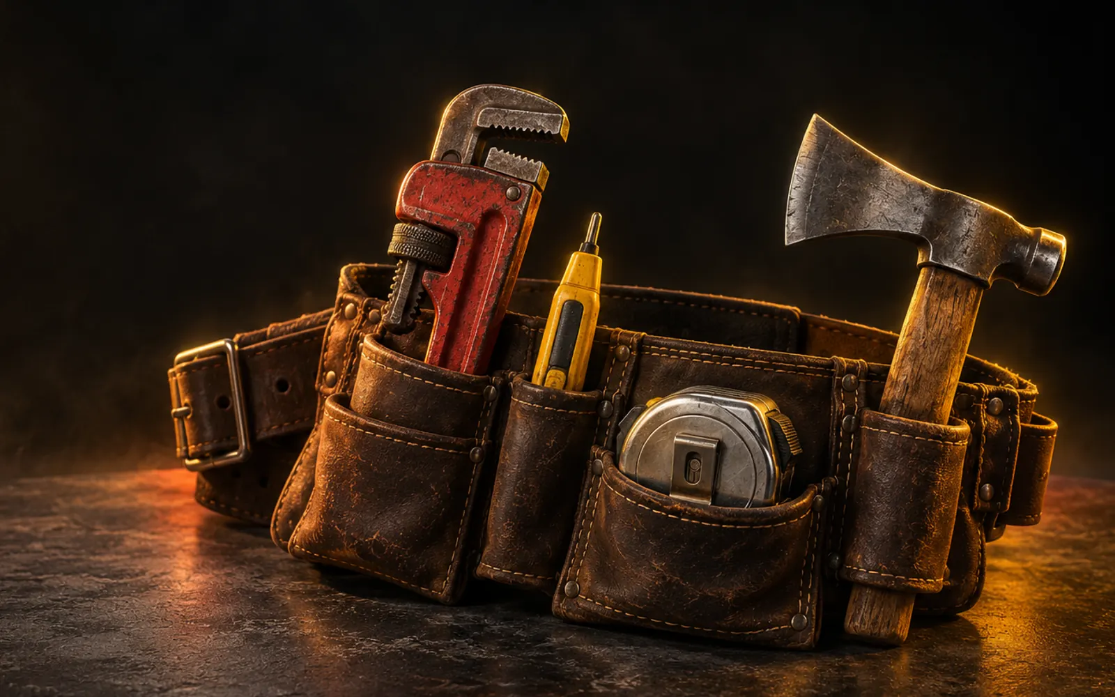 A worn leather tool belt holding a pipe wrench, a voltage tester, a tape measure, and a roofing hatchet, lit in yellow and ember on a dark stone slab.